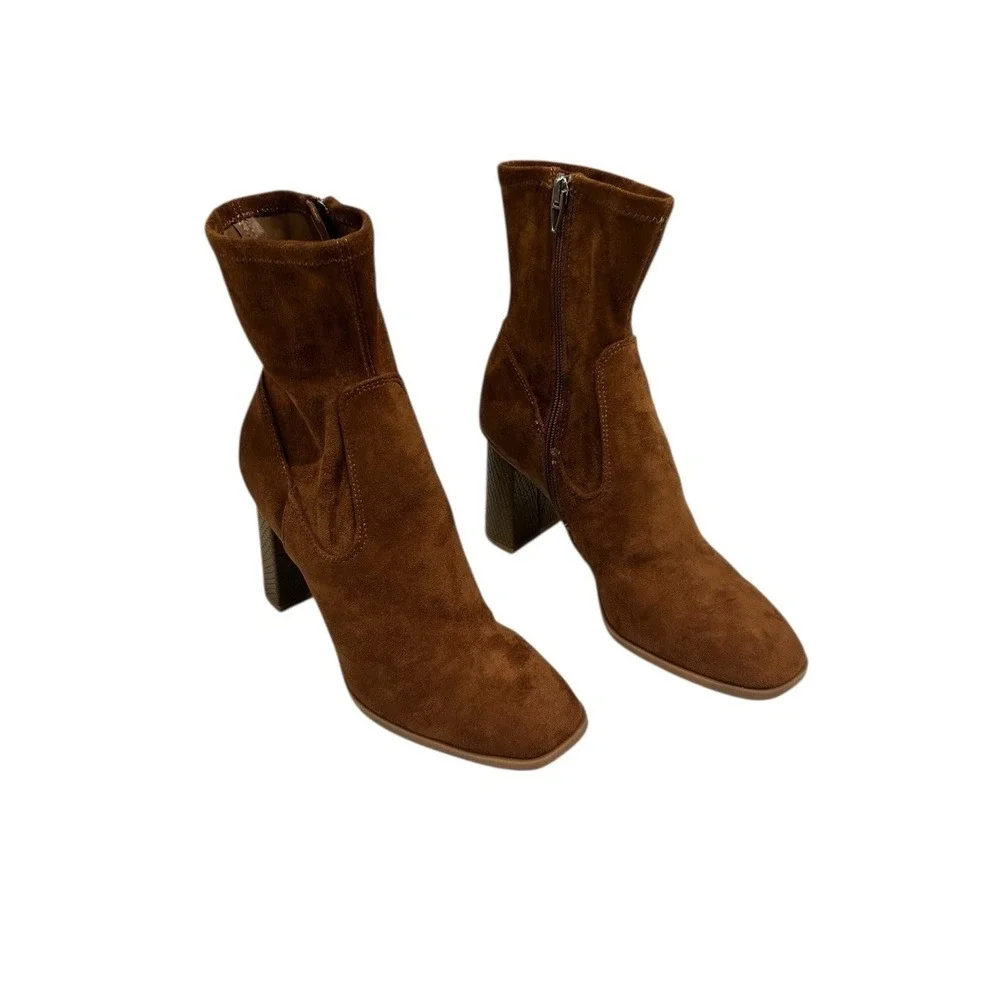 Dolce Vita Bootie Mono‎ Cognac Vegan Suede Ankle Boots Block Heel NWOB 7.5